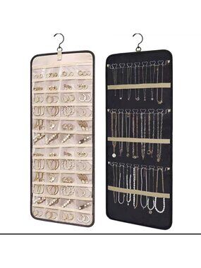 Extra Large Double-Sided Hanging Jewelry Organizer with Metal Hooks for